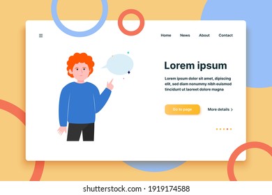 Red-haired guy pointing at empty speech bubble. Finger, chat, network flat vector illustration. Communication and message concept for banner, website design or landing web page