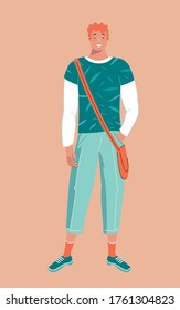 red-haired guy with a red-orange bag. An young man in a bright avant-garde shirt. A handsome boy. Stylish hipster