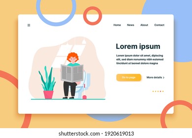 Hombre de cabello rojo sentado en el baño y leyendo el periódico. Noticias, lavatorio, baño de ilustración vectorial plana. Relajación de la naturaleza y relajación del concepto de banner, diseño de sitios web o página web de aterrizaje