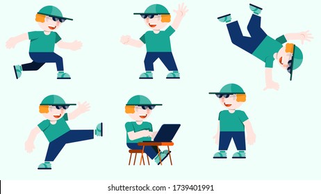 red-haired guy in sunglasses, a baseball cap, a T-shirt, jeans and sneakers in different poses on a light background. vector set of flat character designs.