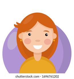 Red-haired happy girl with bangs in a flat style smiles a snow-white smile. Vector illustration