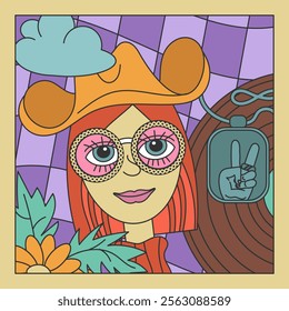 Red-haired hippie girl in a wide-brimmed cowboy hat against the background of a vinyl record and flowers. Groovy style poster. Vector illustration