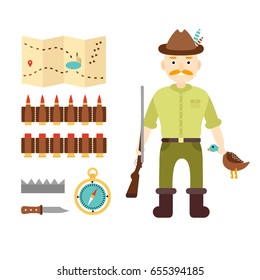 Red-haired hunter dressed in khaki and brown hat is holding gun and dead duck. Set of vector graphics Hunting. Cartridges in belt for cartridges, map, trap, compass, knife