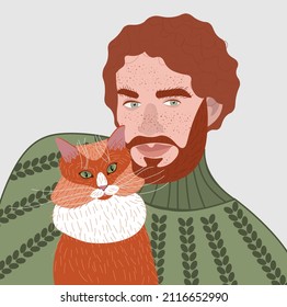 A red-haired Irishman in a green sweater is sitting next to his ginger cat.