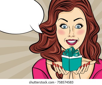red-haired lady with gift in her hands, pop art woman
