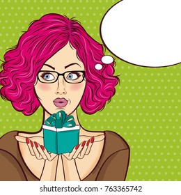 red-haired lady with gift in her hands, pop art woman