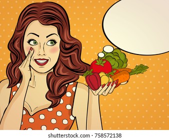 the  red-haired lady with vegetable in her hands, pop art woman
