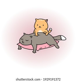 redhaired little cat gives a massage to a big gray cat on a pillow. Vector illustration cartoon cats