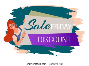 Red-haired long-haired girl in glasses and watch on her hand peeps out from behind large stand with the lettering "Friday sale. Discounts." Dark blue and cream blots on background. Advertising slogan