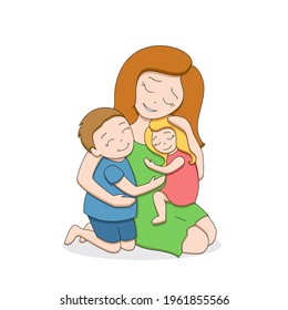 Red-haired loving tender mother with two cute happy children, teenage boy and little girl, hugging each other, isolated on white background, editable strokes, vector illustration