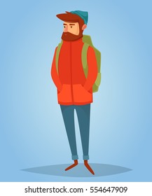 The red-haired man with a beard, dressed in winter clothing: jackets, hats, jeans, boots. Backpack. Traveler. Tourist. Vector cartoon illustration. Character.