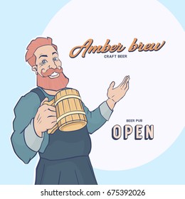 Red-haired man with a big beard and mustache holds a mug of Beer and smiles. Invitation to the Pub for Oktoberfest concept. Vector cartoon illustration. 