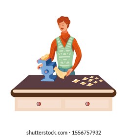 Red-haired man cooks on a dough sheeter. Vector illustration in flat cartoon style.