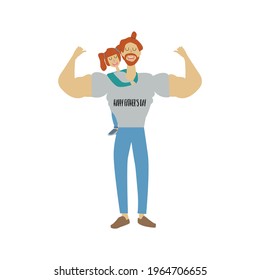  Red-haired man dad with a Happy Father's Day T-shirt stands with his daughter who hugs him from the back. Vector illustration on white background.