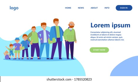 Red-haired man in different age. Teenager, infancy, father flat vector illustration. Growth cycle and generation concept for banner, website design or landing web page