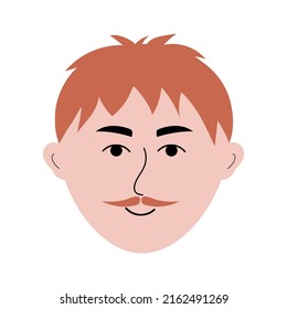 Cara de hombre de cabello rojo con bigote al estilo de doodle. Un avatar colorido de un tipo sonriente. Ilustración vectorial.
