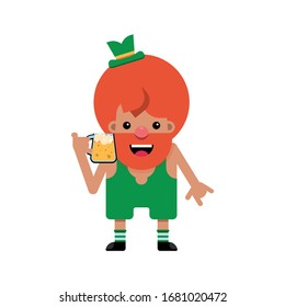 Red-haired man with a glass of beer and in green clothes. St. Patrick. Feast of beer and fun. Cartoon character. Vector illustration. Isolated.
