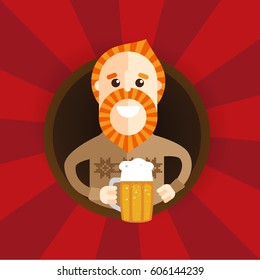 The red-haired man is holding a large mug of beer. Vector character.