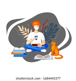 Red-haired man in mask sitting cross-legged with tablet and cup with coffee, learning and work online in quarantine, cat beside. Social distance. Work home via social networks and web, vector image