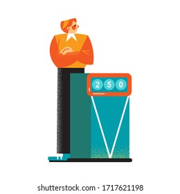 Red-haired man player with arms crossed thoughtfully standing on the tribune of the quiz show. Vector illustration in cartoon style