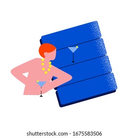 Red-haired man relaxing in the pool with a glass of cocktail. Vector illustration in flat cartoon style.