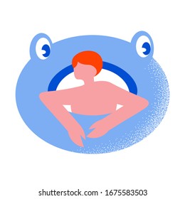 Red-haired man resting on the blue floating rubber ring in the form of a frog. Vector illustration in cartoon style.