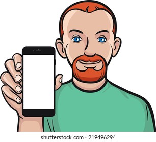 red-haired man showing a mobile app on a smart phone