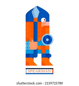 Red-haired man spearman with a shield and a helmet. Brave northern viking warrior. Medieval costume: shirt, striped pants and leather belt. Blue-orange palette