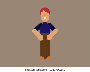 The red-haired man stands in a blue shirt, his brown pants are standing smiling. Vector cartoon