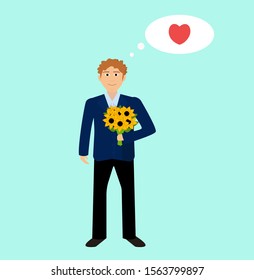 Red-haired man in suit with a bouquet of flowers. Sunflowers. Date.