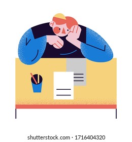 A red-haired man thinking sitting at the workplace at the table. Vector illustration in the flat cartoon style.