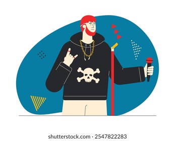 Hombre pelirrojo, con capucha negra con Imagen de cráneo, collar y pantalones, una mano que sostiene el micrófono y la otra mano que forma el signo del rock n' roll, Ilustración vectorial.