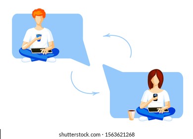 Red-haired man and woman sitting cross-legged with tablet and cup with coffee, speech bubble background. Communication and chat via social networks and web, media influencers, bloggers, opinion leader