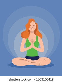 Red-haired meditating girl sitting in lotus position