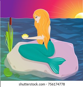 Red-haired mermaid sitting on a rock and holds a flower on her hands. Water nymph. Vector