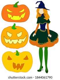 red-haired model witch costume, high heel shoes, dark dress, hat, green tights, three halloween pumpkin icons