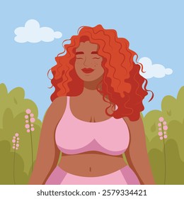 A red-haired, plump young woman with freckles on her face, wearing comfortable sportswear, walks through a spring park. Vector flat minimalistic illustration.
