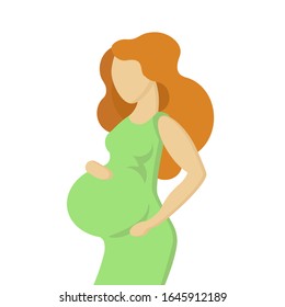 Red-haired pregnant girl in a red dress hugs the stomach with the baby. Vector illustration in flat style.