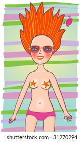 Red-haired pretty girl lies on the beach towel