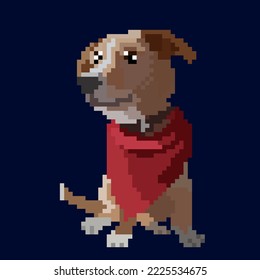 red-haired purebred mascot dog in a red bandana sits in a sprawl, bright beautiful eyes and a big nose. cute puppy. Lowered ears. Concept art of a character for a retro-style video game. Sprite.