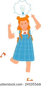 Red-haired school girl in uniform has an idea with a light bulb overhead. Little student points up. Innovation in education and smart kid concept vector illustration