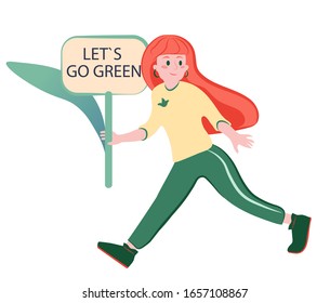 Red-haired Scottish girl calling for rally with words let`s go green. Women power and ecological concepts. Female cartoon character running. Stock vector flat eco friendly person isolated on white