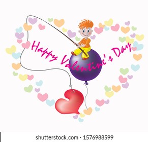 A red-haired shaggy boy sits in a balloon, which caught love on a fishing rod, tender hearts are drawn around and the text Happy Valentine's Day is written. Vector illustration