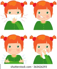 Red-haired Sick Girl With Flu Mask, Thermometer And Handkerchief. Vector Cartoon Illustration