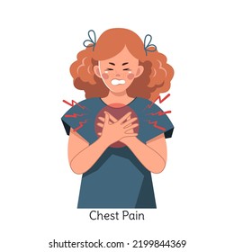 A Red-haired Sick Woman Feels Pain In Her Chest. Heart Attack Or Heart Disease. Symptoms Of Coronavirus. Vector Illustration In Cartoon Style