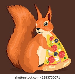 a red-haired squirrel with a light belly holds a bitten piece of pizza with sausage, cheese, olives and mushrooms, on a brown background