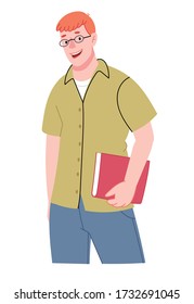 Red-haired student guy holds books. Good student . Excellent student.Flat cartoon vector illustration.