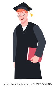 Red-haired student guy holds books.Graduation Celebrates Graduation College School Degree Successful Concept.Flat cartoon vector illustration.