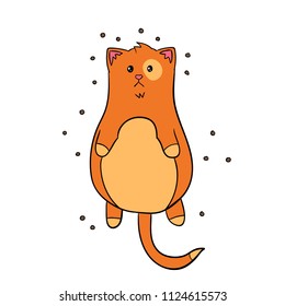 A red-haired, thick, lovely cartoon cat is lying. A cat of a glutton. A kitten is full of forage vector illustration.