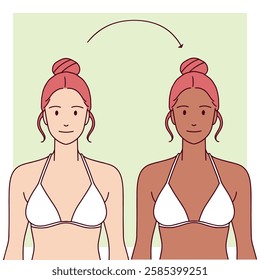 A red-haired white woman stands in a white bikini, showing a before-and-after comparison of tanning. The background is green with a white border.